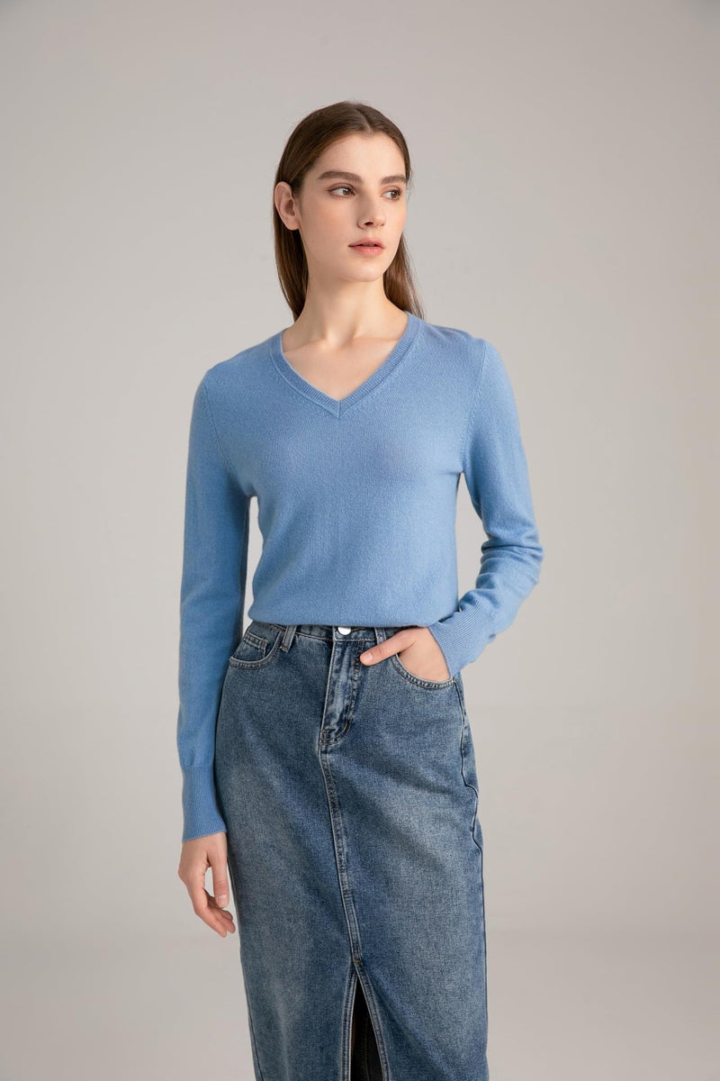 State Cashmere Womenâ€™s Essential V-Neck Sweater 100% Pure Cashmere Classic Long Sleeve Pullover (Bella Blue, Medium) - Image 4